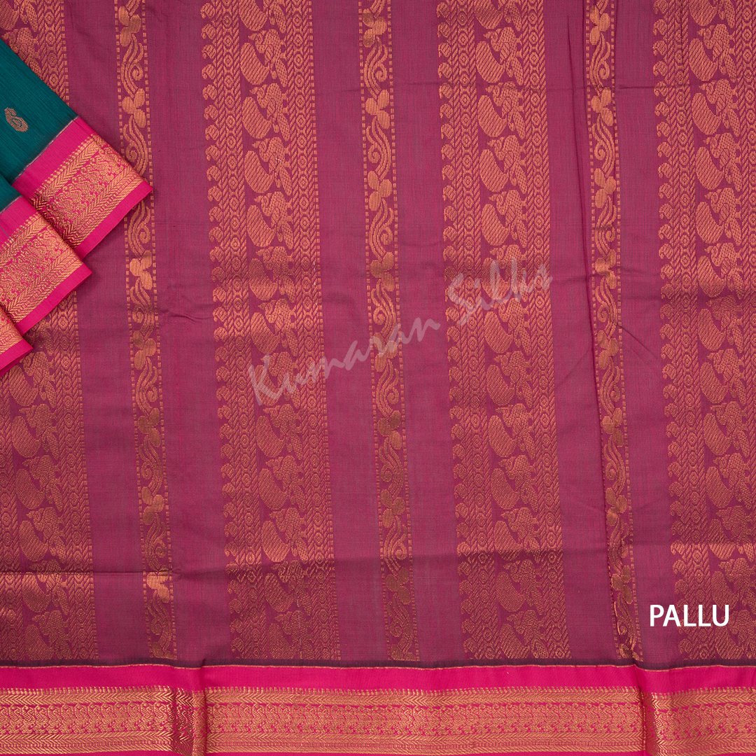 Kalyani Cotton Peacock Green Saree With Small Buttas On The Body And Peacock Motif On The Pallu