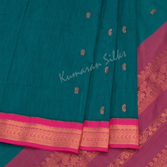 Kalyani Cotton Peacock Green Saree With Small Buttas On The Body And Peacock Motif On The Pallu