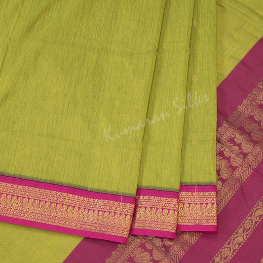 Kalyani Cotton Lime Green Saree With Small Buttas On The Body And Peacock Motif On The Pallu