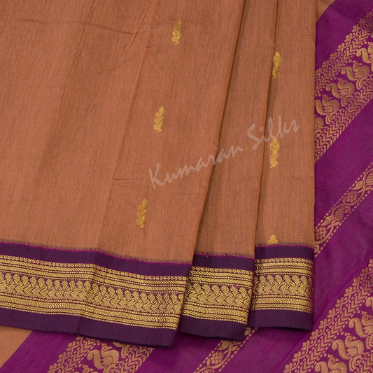 Kalyani Cotton Cinnamon Brown Saree With Small Buttas On The Body And Peacock Motif On The Pallu