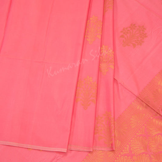 Semi Soft Silk Fiery Rose Pink Borderless Saree With Floral Buttas On The Body And Leaf Design On The Pallu