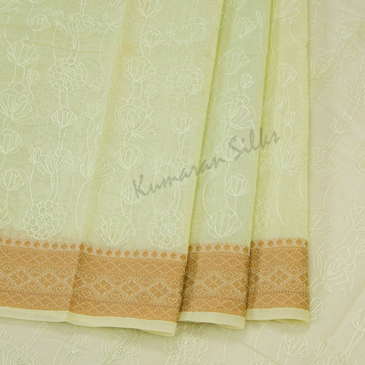 Semi Linen Pista Green Embroidered Saree With Floral Design On The Body