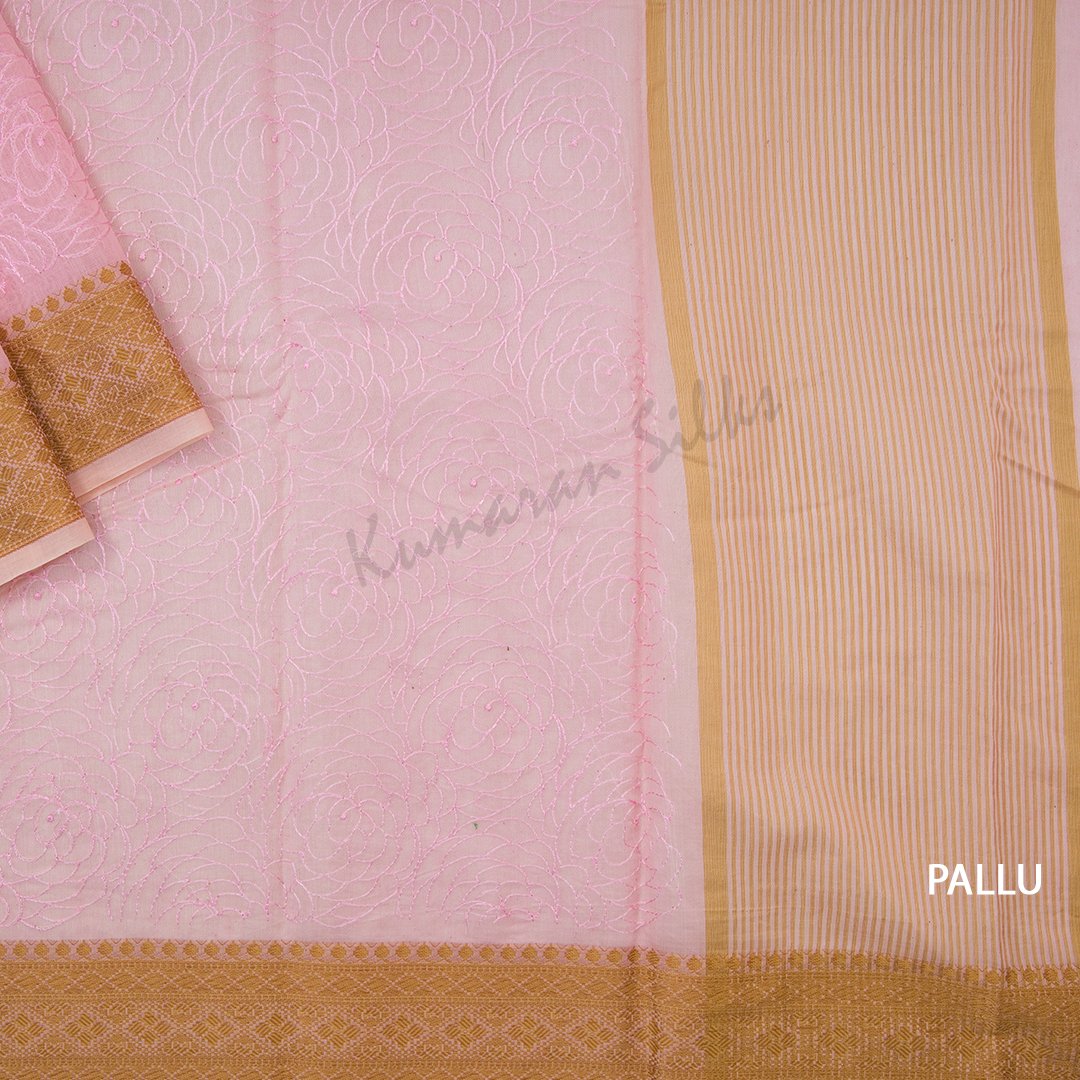 Semi Linen Rose Pink Embroidered Saree With Floral Design On The Body