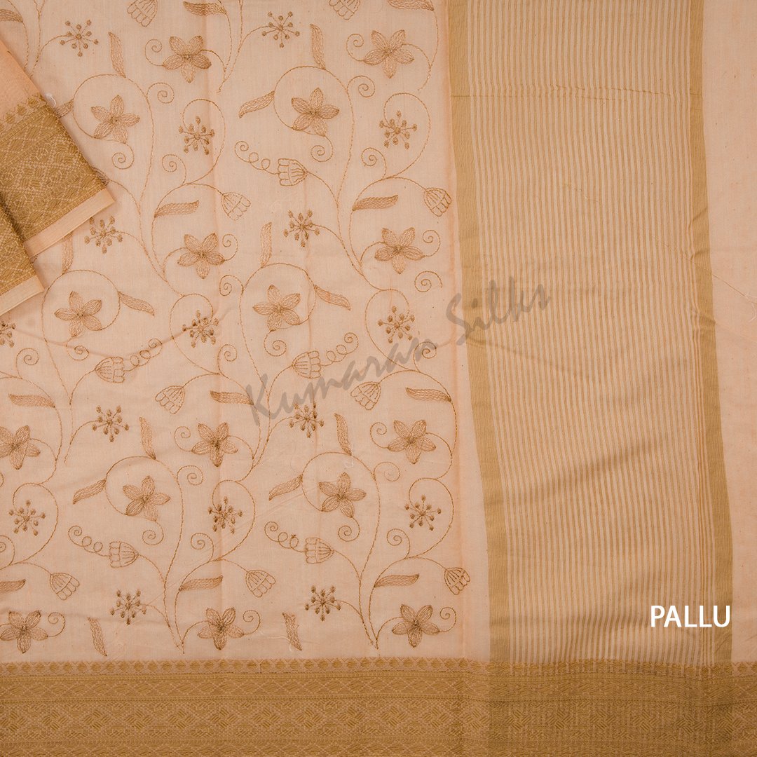 Semi Linen Peach Embroidered Saree With Floral Design On The Body