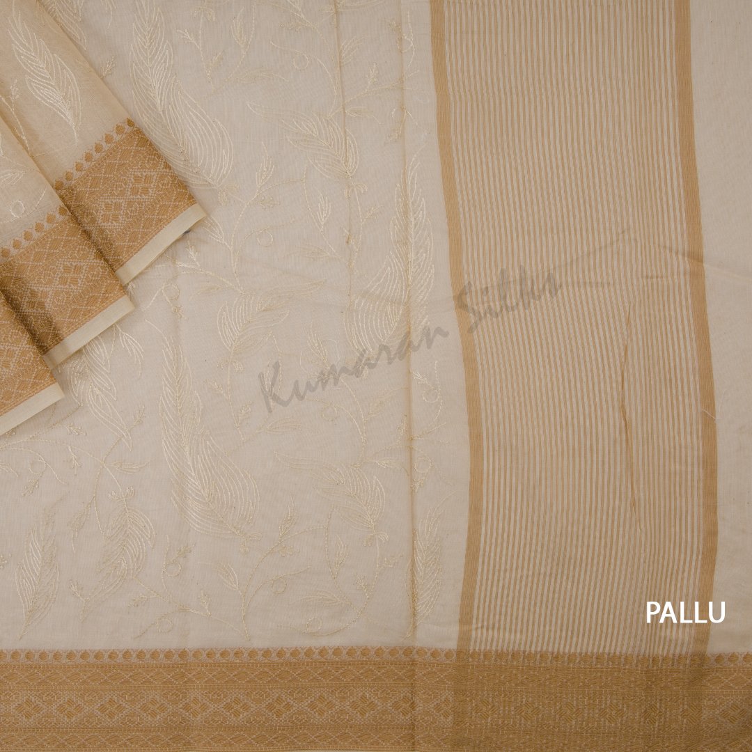 Semi Linen Cream Embroidered Saree With Leaf Design On The Body