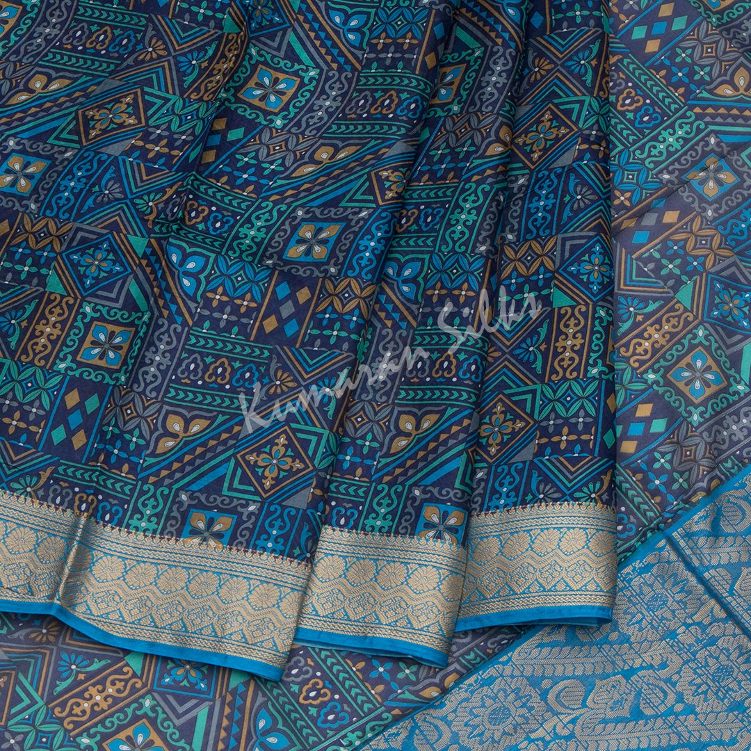 Pure Silk Printed Navy Blue Saree With Thread Border