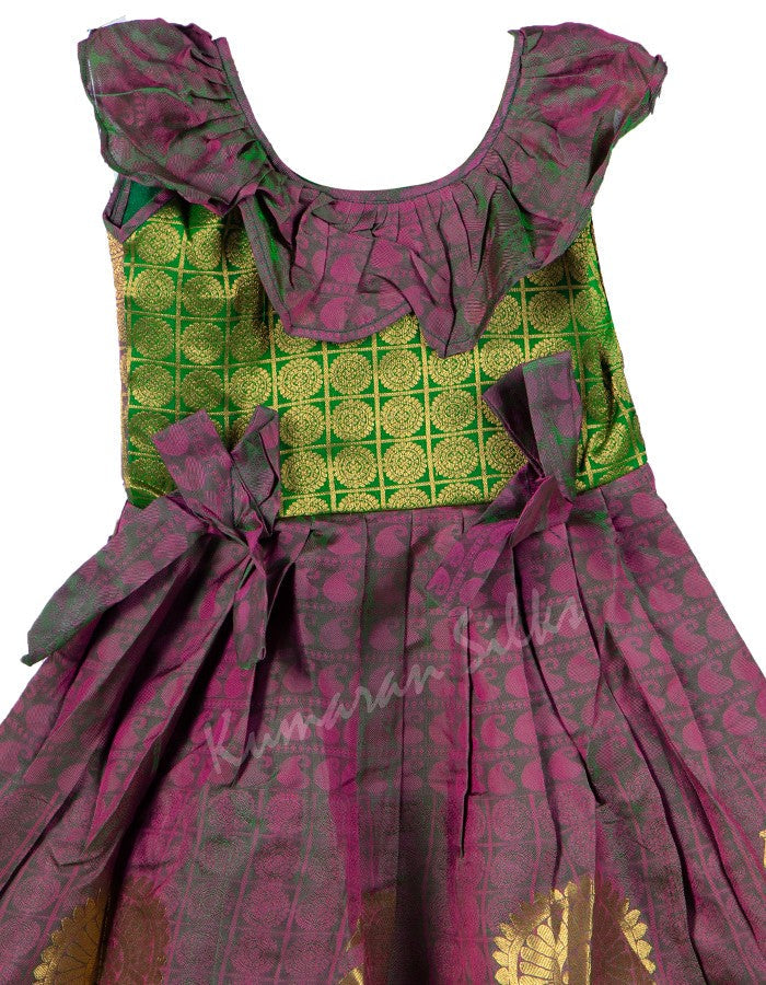 Pure Silk Parrot Green With Violet Baby Ethnic Gown