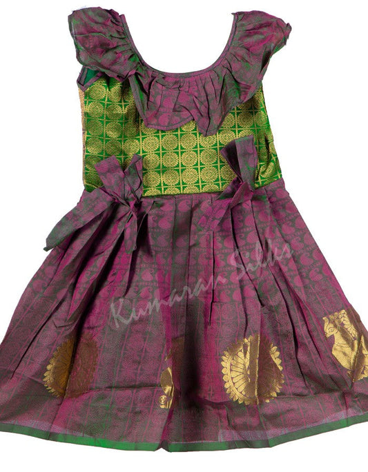 Pure Silk Parrot Green With Violet Baby Ethnic Gown