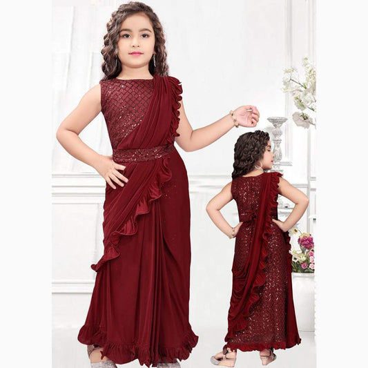 Maroon embellished lehenga saree with blouse 02