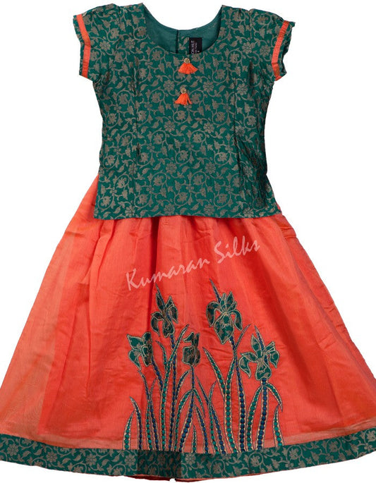 Silk Cotton Embroidered Peacock Blue Fancy Pavada