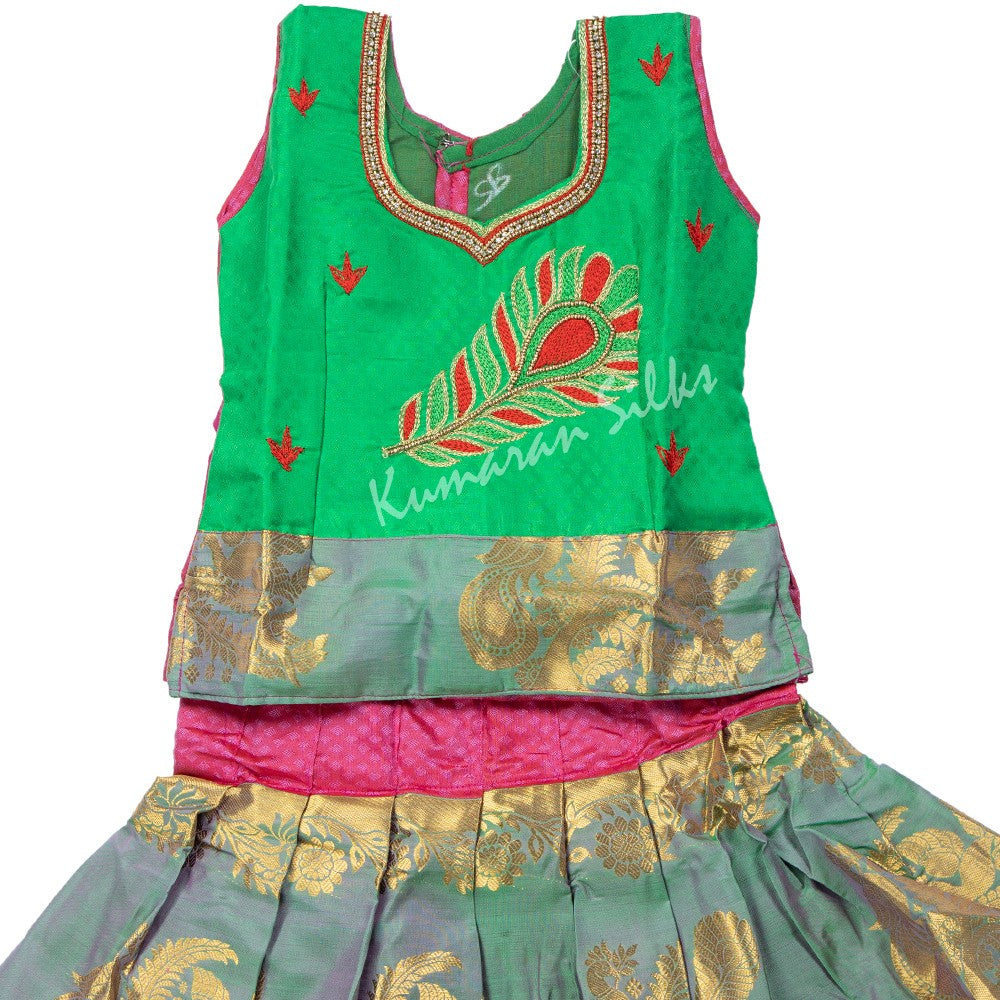 Pure Silk Parrot Green New Born Baby Pavada Set 02