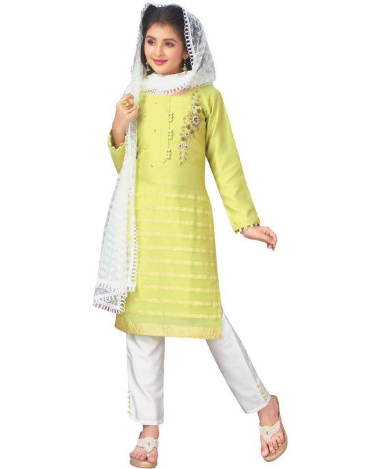 Silk Cotton Lime Green Salwar Suit