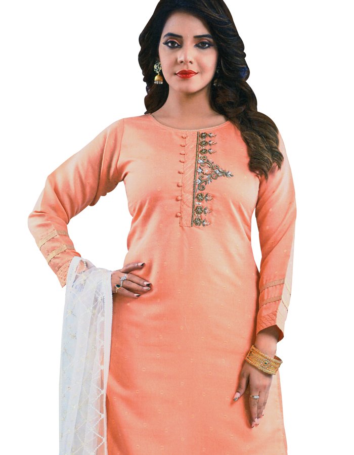 Raw Silk Embroidered Peach Salwar Suit With Dupatta 03