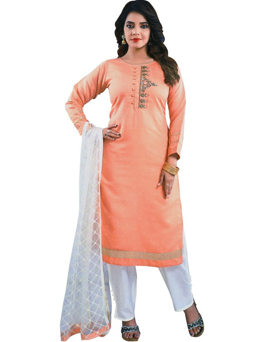 Raw Silk Embroidered Peach Salwar Suit With Dupatta 03