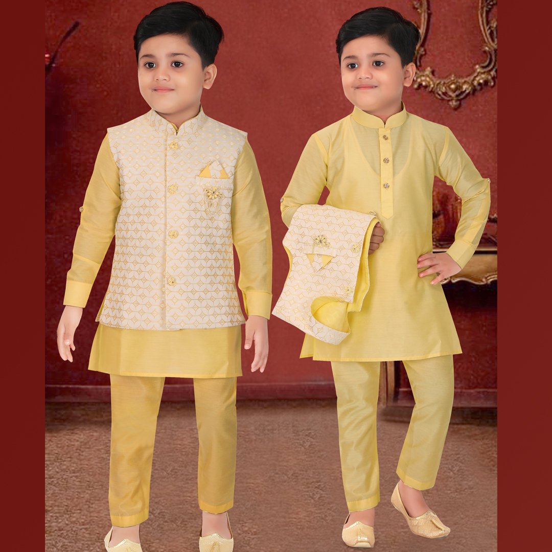 Raw Silk Light Yellow Sherwani Set
