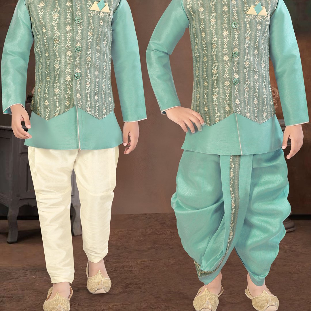 Raw Silk Turquoise Sherwani Set