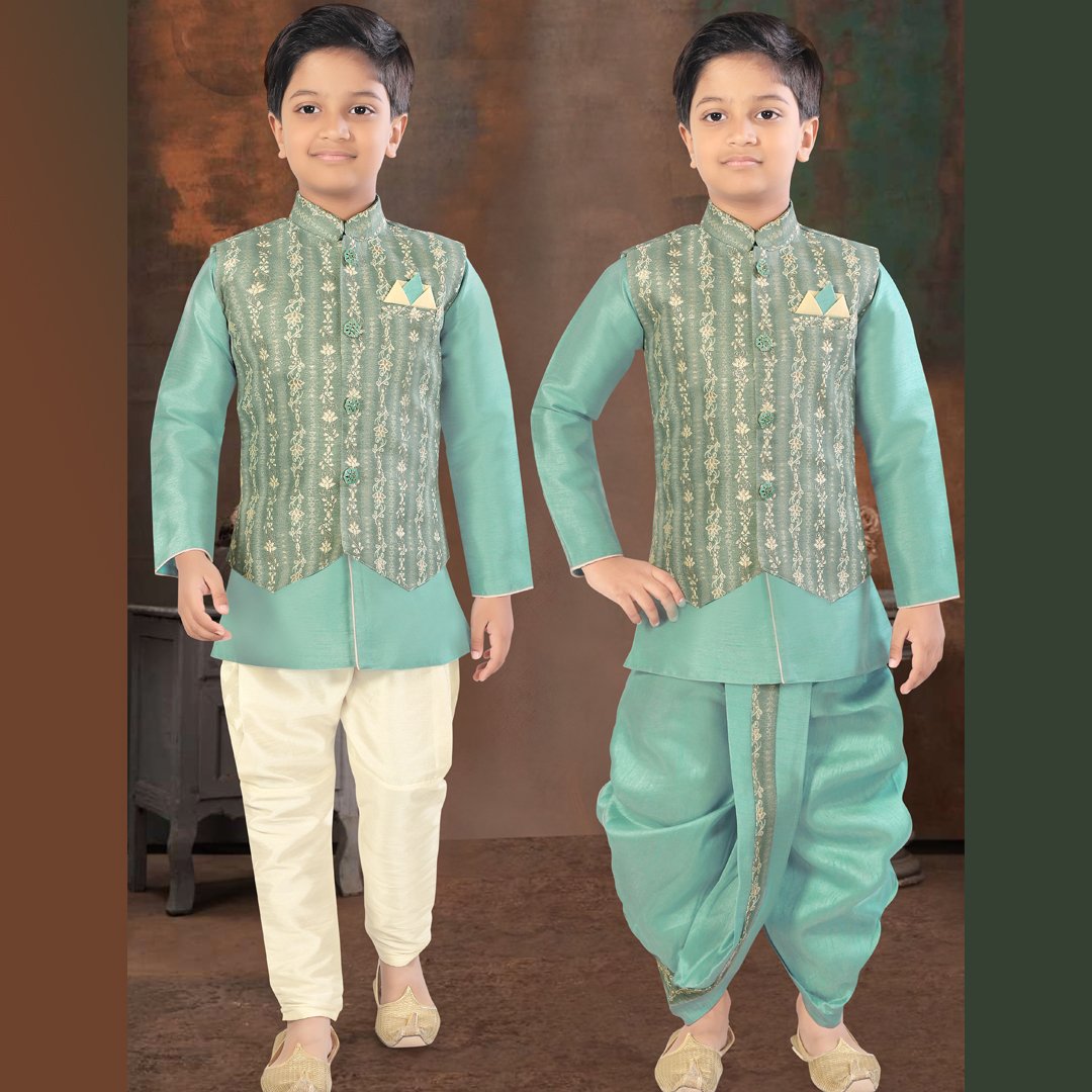 Raw Silk Turquoise Sherwani Set