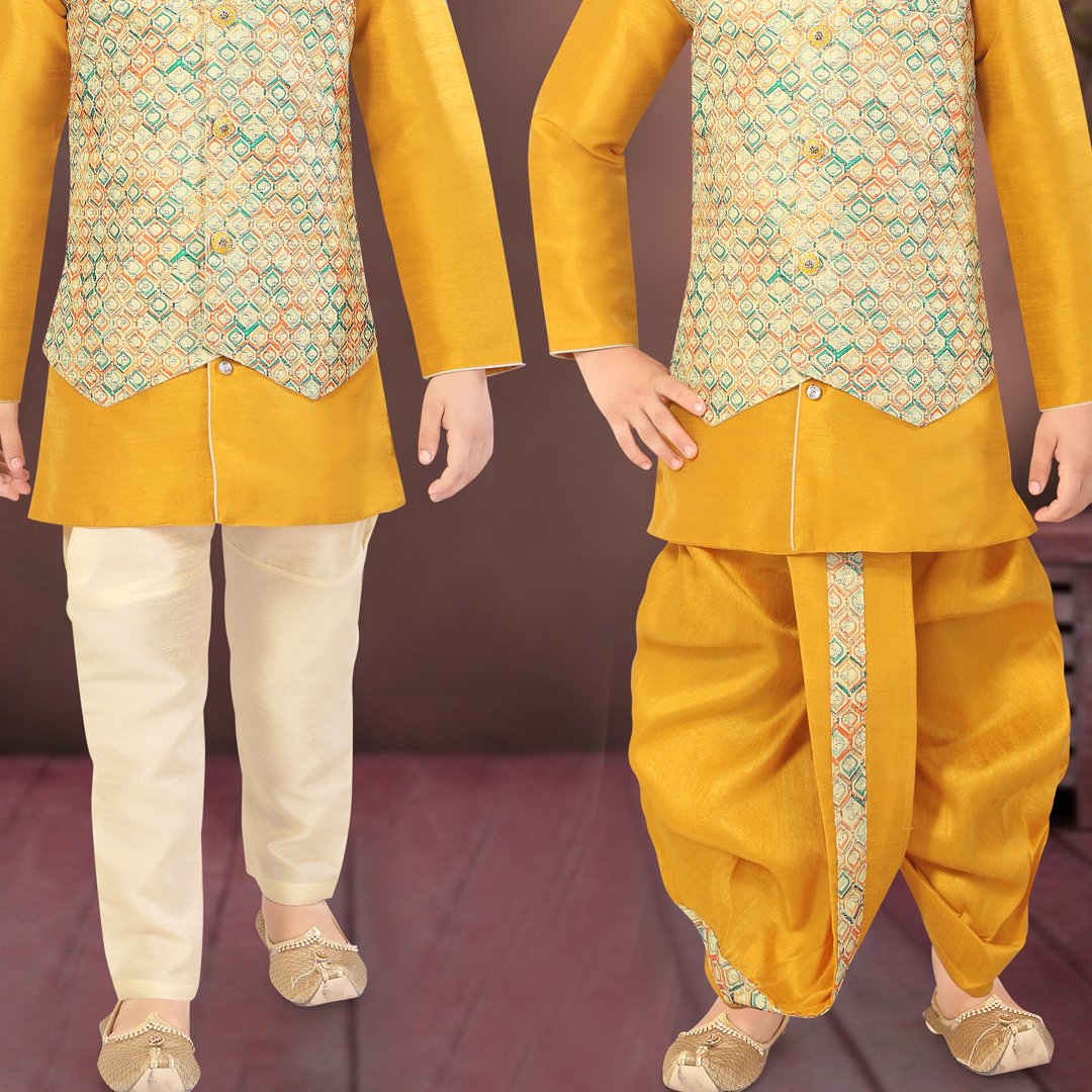 Raw Silk Dark Yellow Sherwani Set